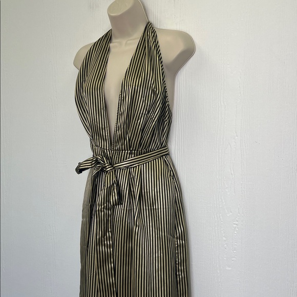 Asos - NWT Gold And Black Stripe Halter Deep V Neck Belted Jumpsuit Size 10 - Picture 5 of 11
